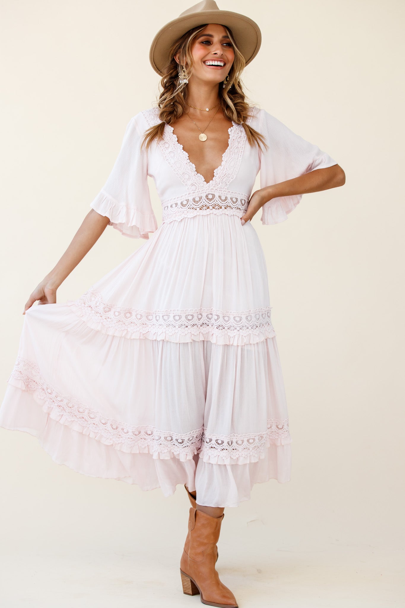 Indio Crochet Insert Deep V-Neckline Angel Sleeve Maxi Dress Pink-Maymioy