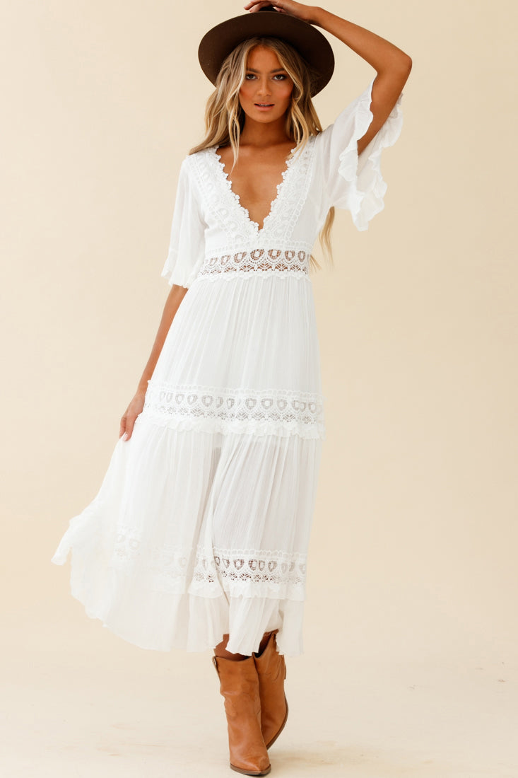 Indio Crochet Insert Deep V-Neckline Angel Sleeve Maxi Dress White-Maymioy