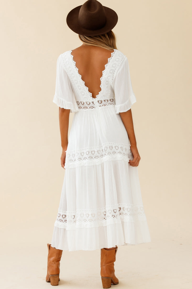 Indio Crochet Insert Deep V-Neckline Angel Sleeve Maxi Dress White-Maymioy