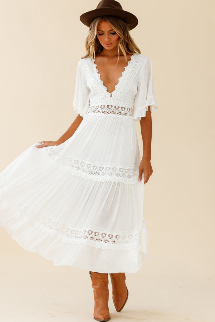 Indio Crochet Insert Deep V-Neckline Angel Sleeve Maxi Dress White-Maymioy
