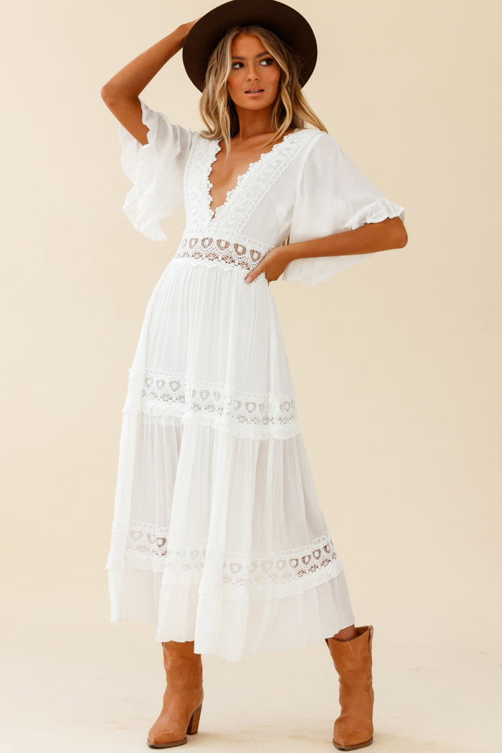 Indio Crochet Insert Deep V-Neckline Angel Sleeve Maxi Dress White-Maymioy
