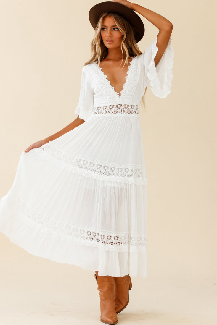 Indio Crochet Insert Deep V-Neckline Angel Sleeve Maxi Dress White-Maymioy