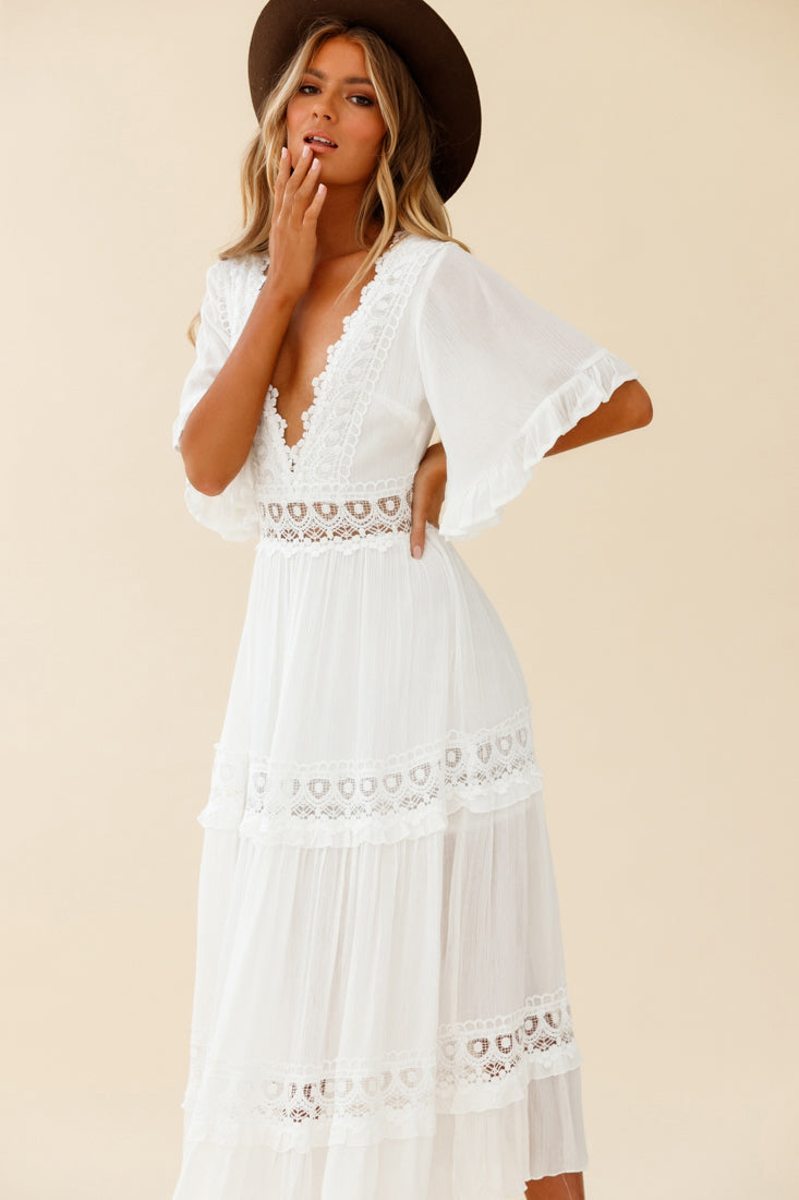 Indio Crochet Insert Deep V-Neckline Angel Sleeve Maxi Dress White-Maymioy