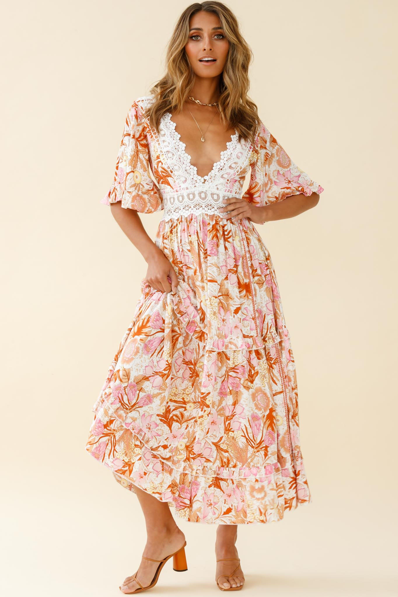 Indio Crochet Insert Deep V-Neckline Angel Sleeve Maxi Dress Floral Print Pink-Maymioy
