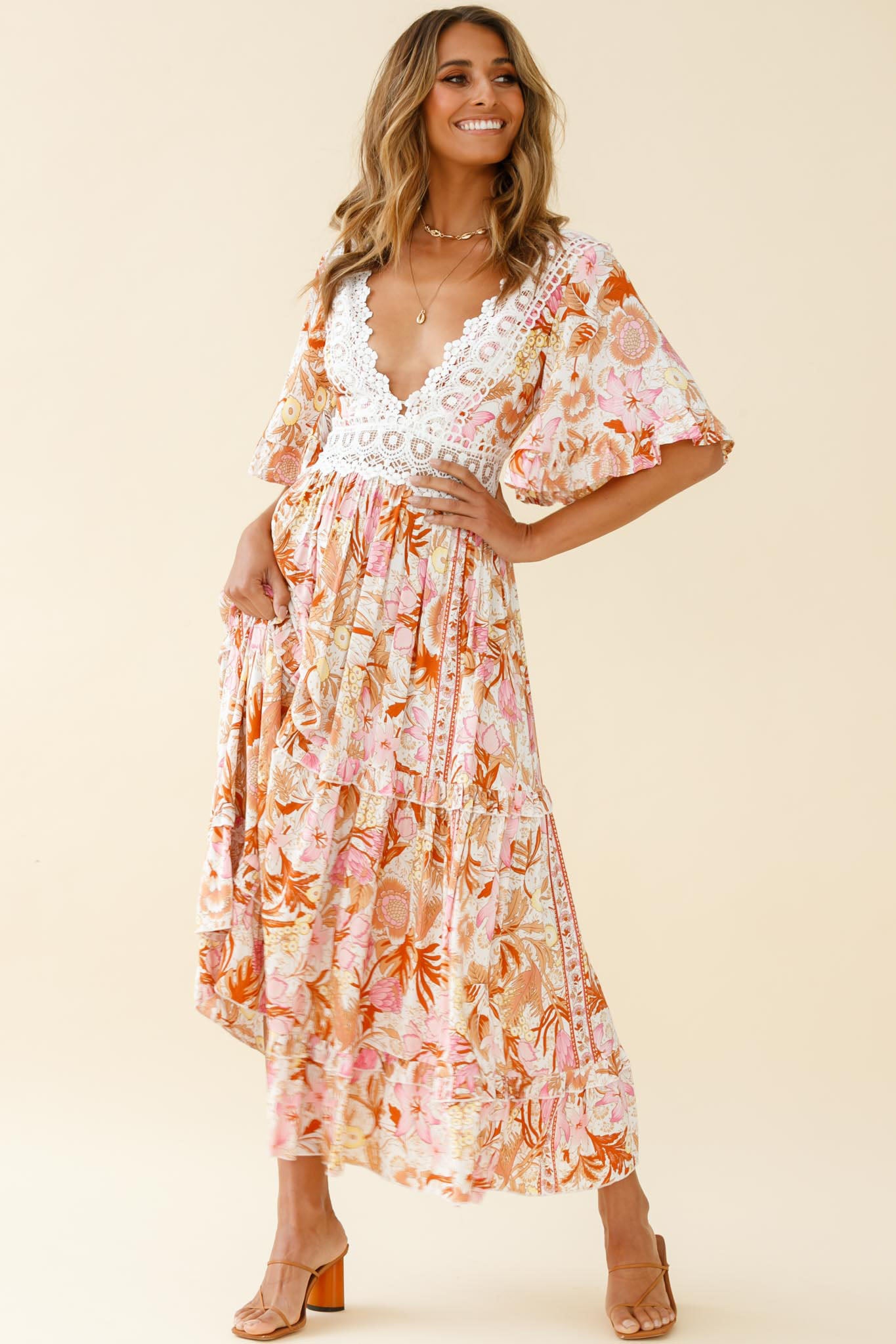 Indio Crochet Insert Deep V-Neckline Angel Sleeve Maxi Dress Floral Print Pink-Maymioy