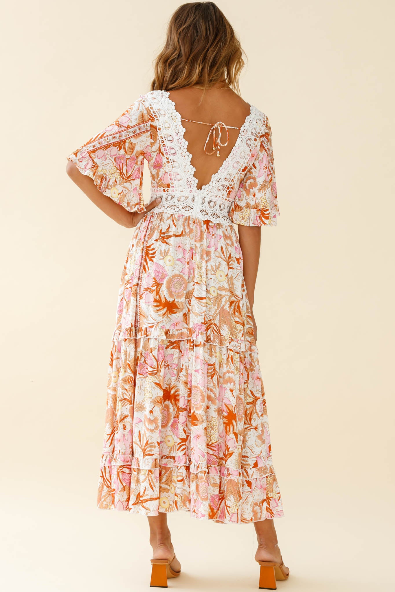 Indio Crochet Insert Deep V-Neckline Angel Sleeve Maxi Dress Floral Print Pink-Maymioy