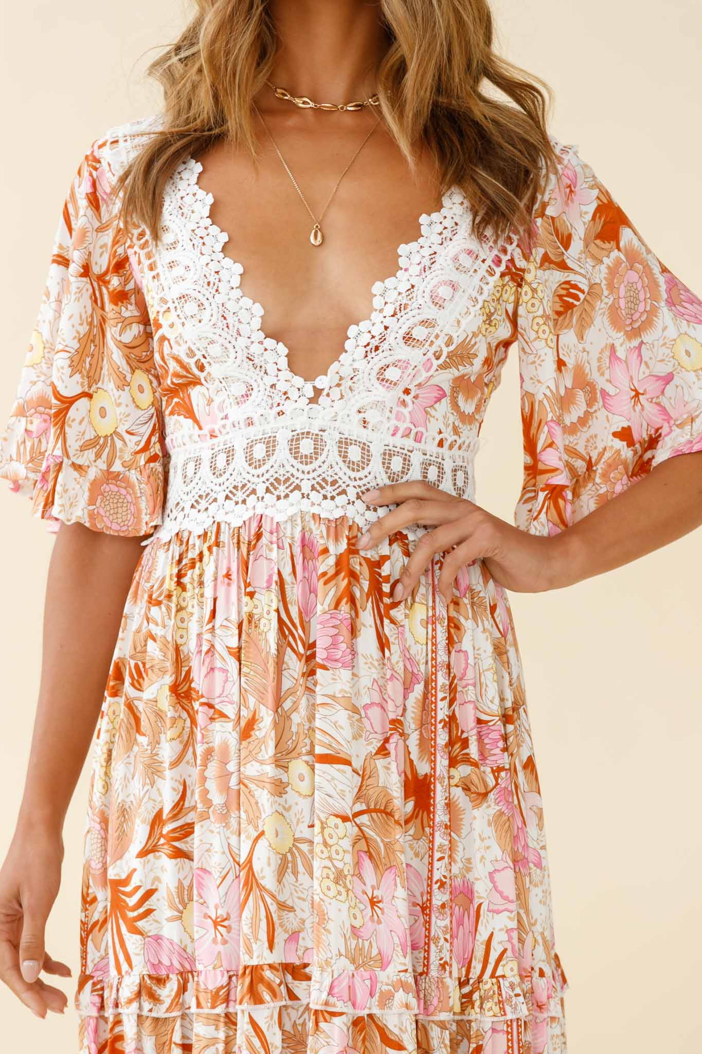 Indio Crochet Insert Deep V-Neckline Angel Sleeve Maxi Dress Floral Print Pink-Maymioy