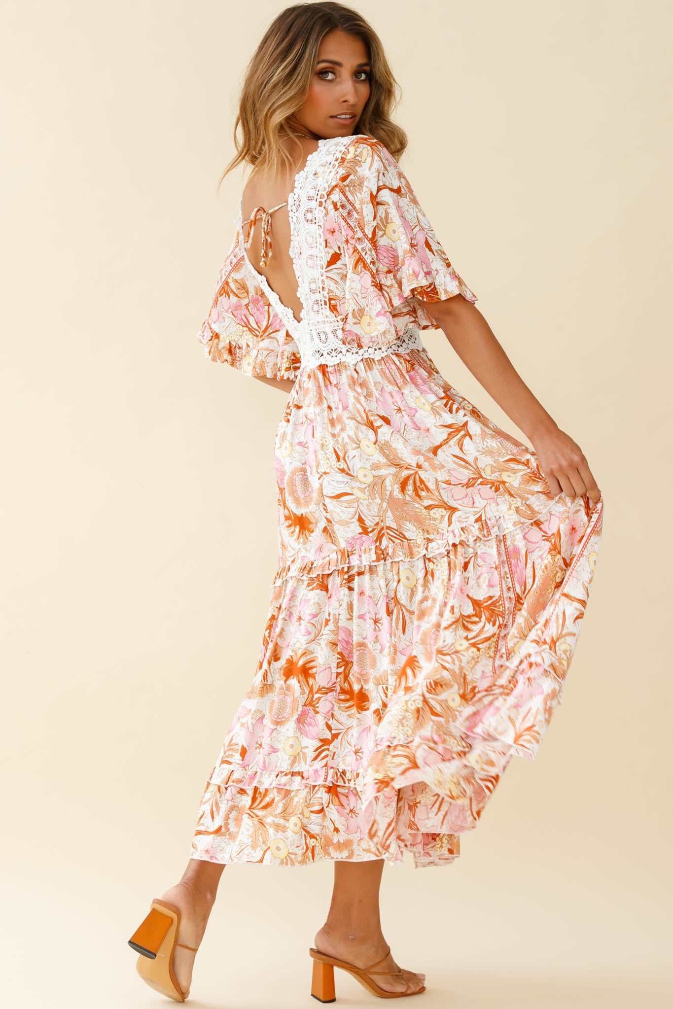 Indio Crochet Insert Deep V-Neckline Angel Sleeve Maxi Dress Floral Print Pink-Maymioy