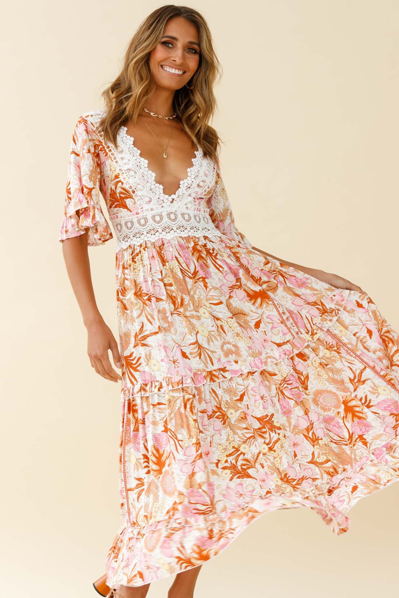 Indio Crochet Insert Deep V-Neckline Angel Sleeve Maxi Dress Floral Print Pink-Maymioy