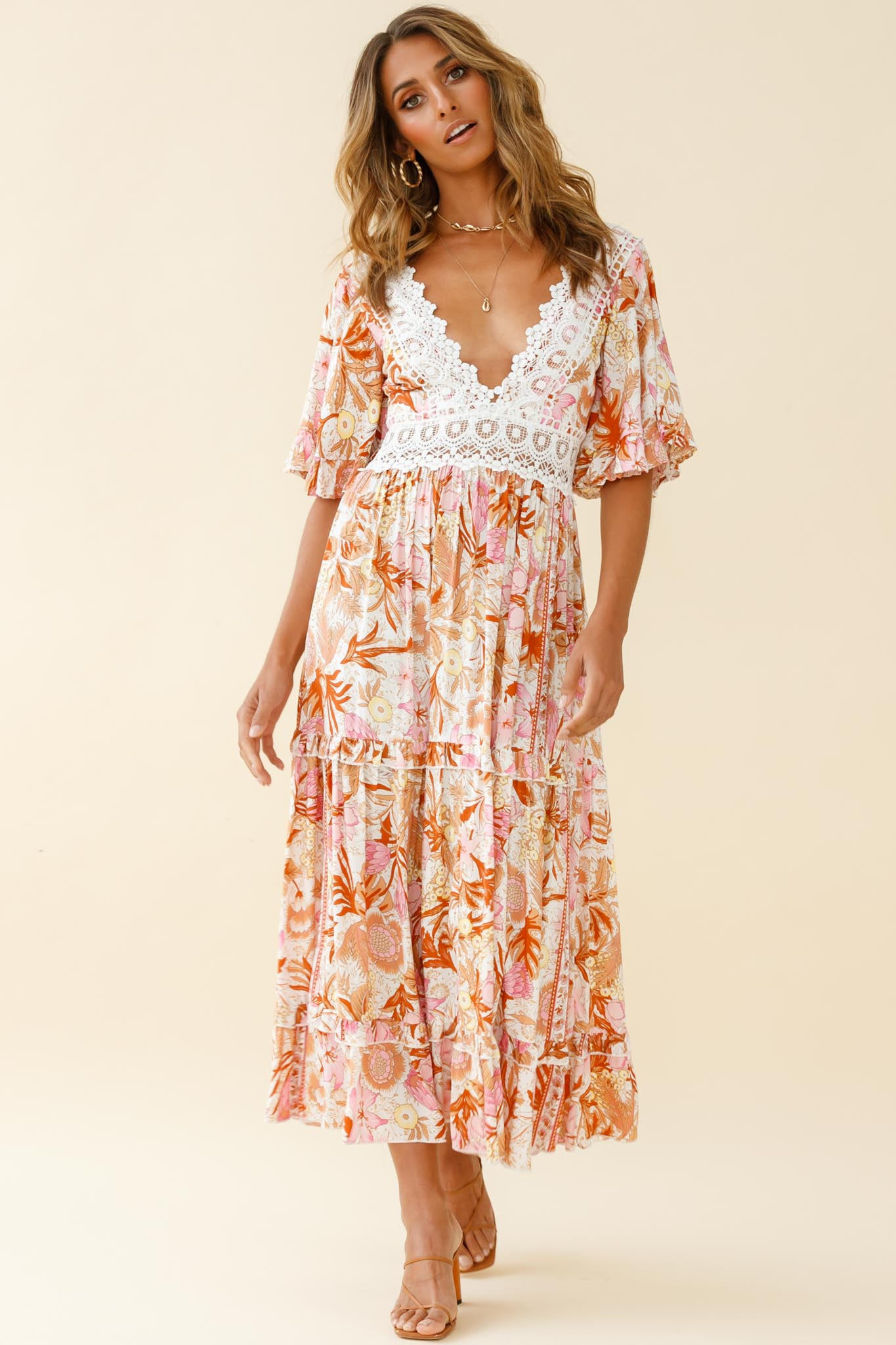 Indio Crochet Insert Deep V-Neckline Angel Sleeve Maxi Dress Floral Print Pink-Maymioy