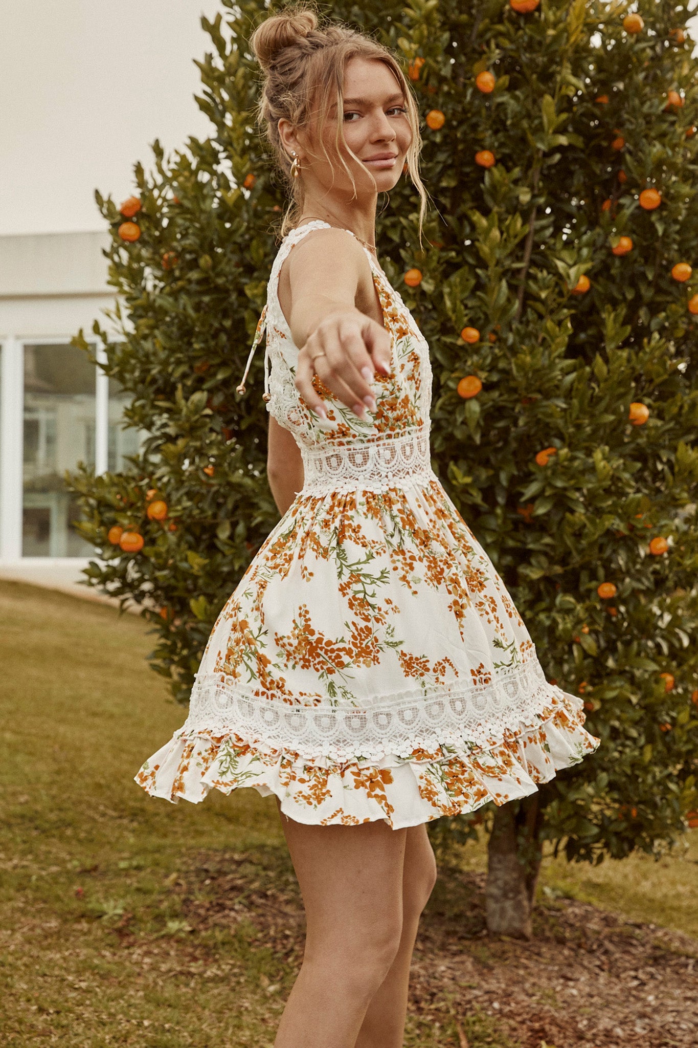 Indio Crochet Insert Deep V-Neckline Mini Dress Floral Print White/Orange-Maymioy