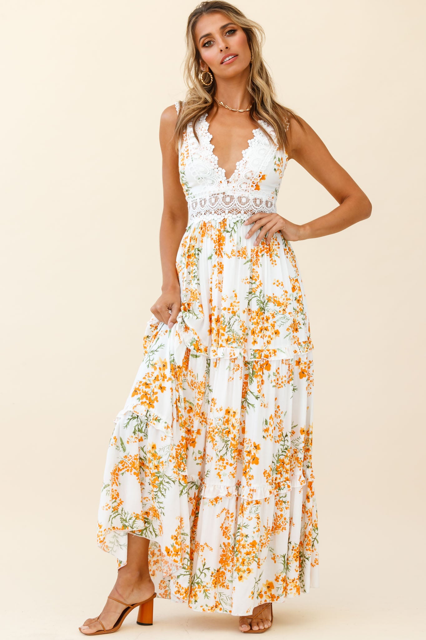 Indio Crochet Insert Deep V-Neckline Maxi Dress Floral Print White/Orange-Maymioy