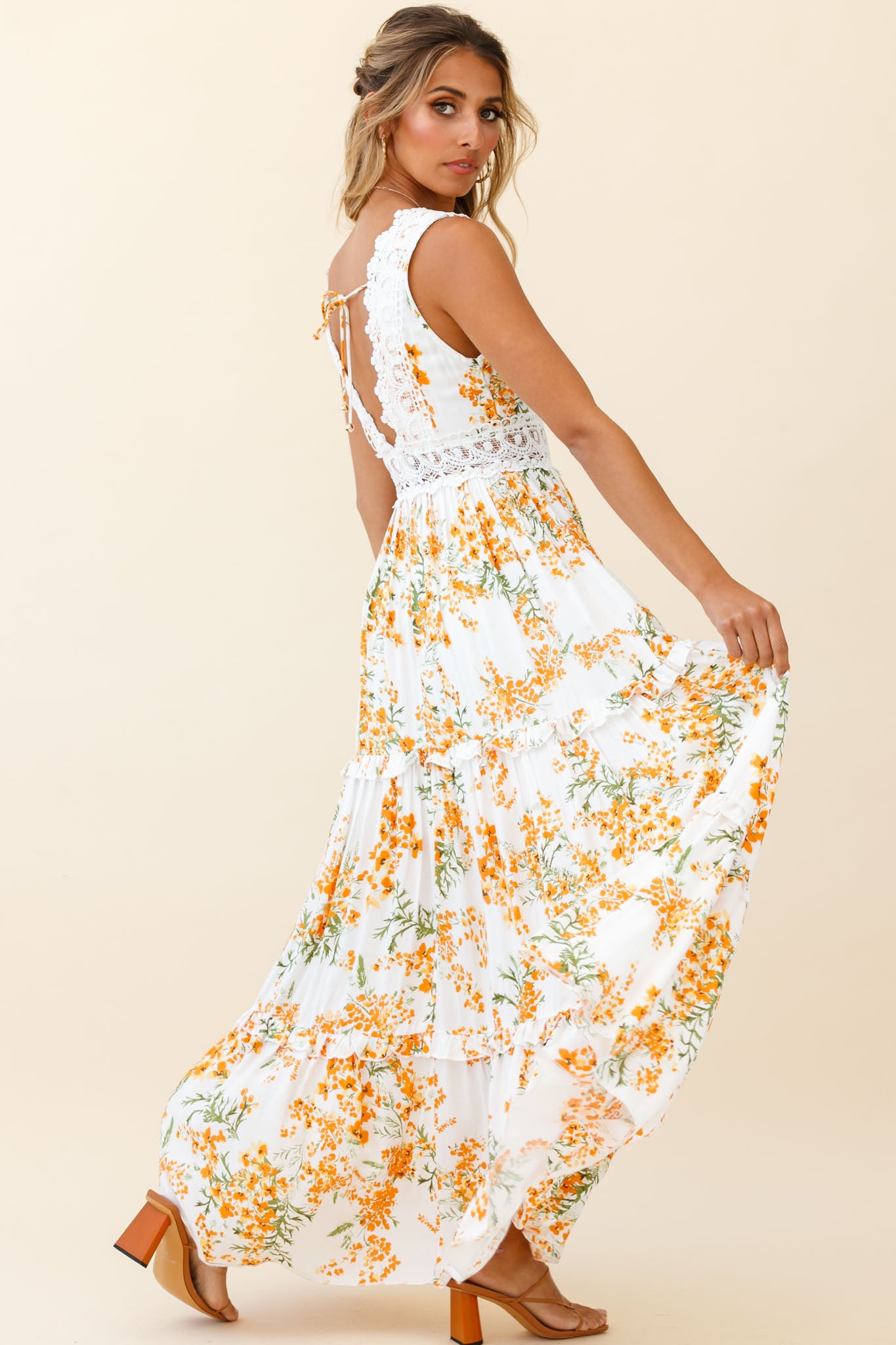 Indio Crochet Insert Deep V-Neckline Maxi Dress Floral Print White/Orange-Maymioy