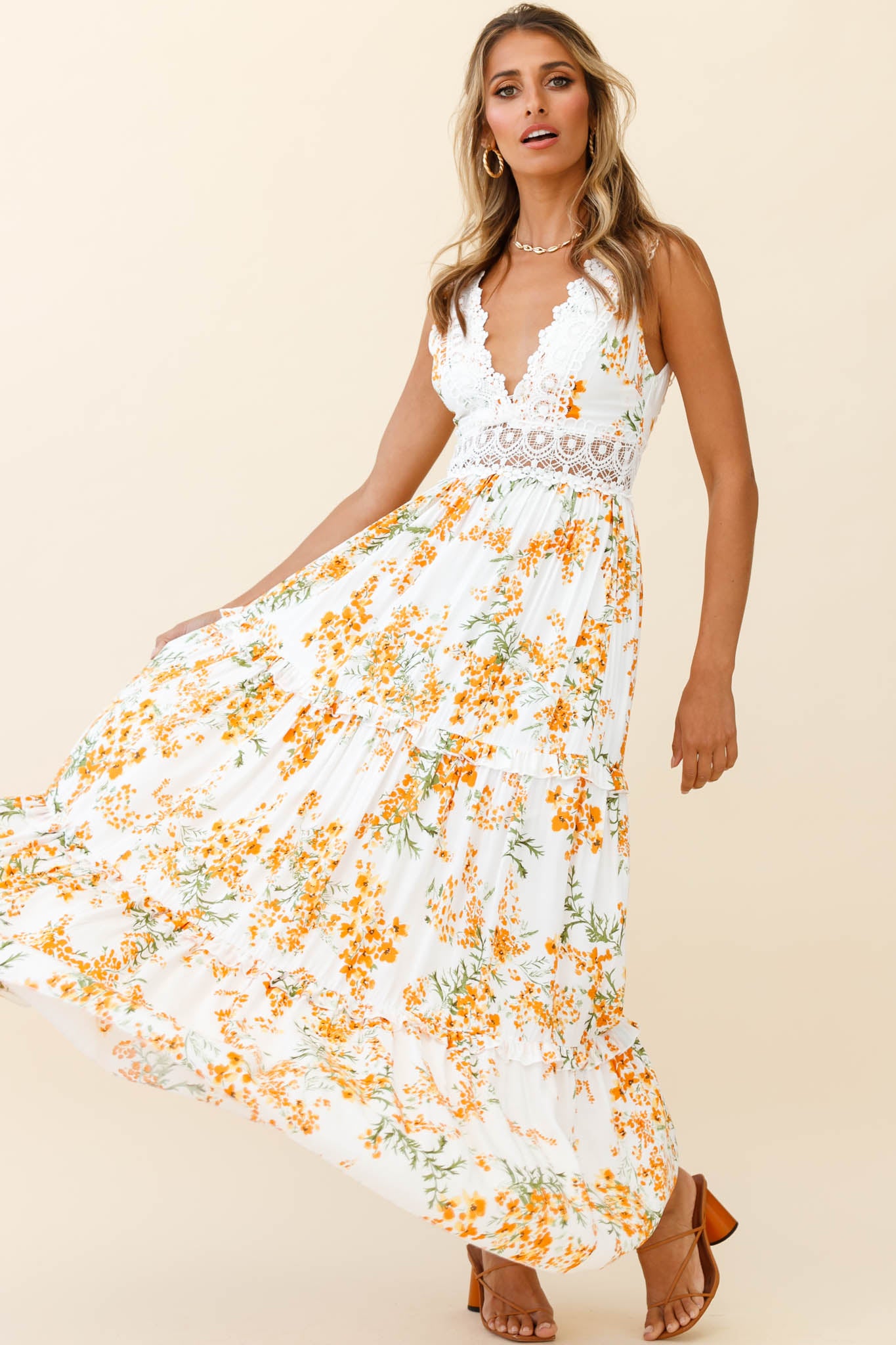 Indio Crochet Insert Deep V-Neckline Maxi Dress Floral Print White/Orange-Maymioy