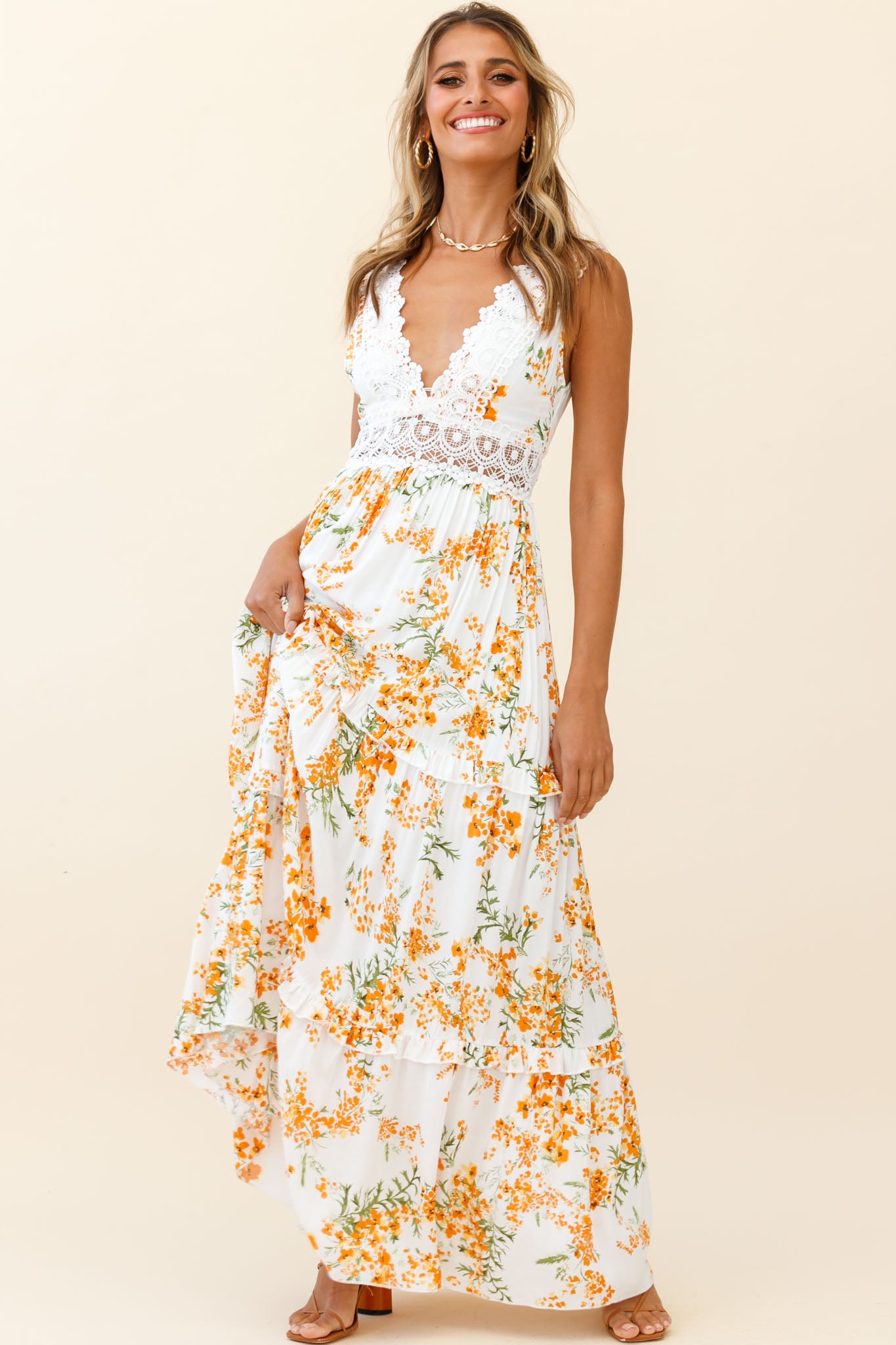 Indio Crochet Insert Deep V-Neckline Maxi Dress Floral Print White/Orange-Maymioy