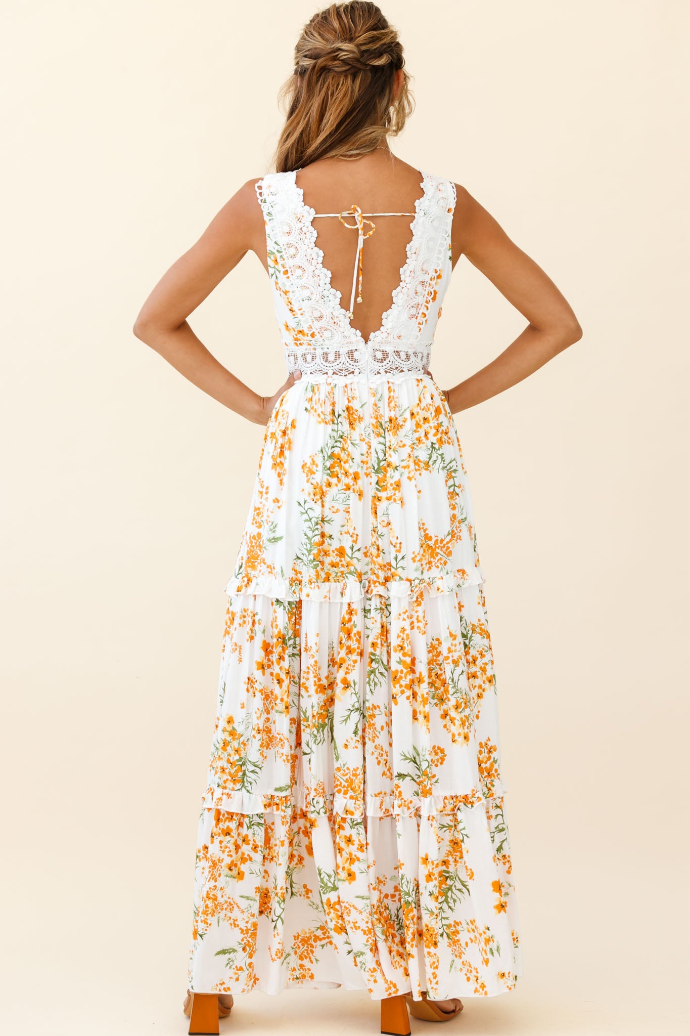 Indio Crochet Insert Deep V-Neckline Maxi Dress Floral Print White/Orange-Maymioy