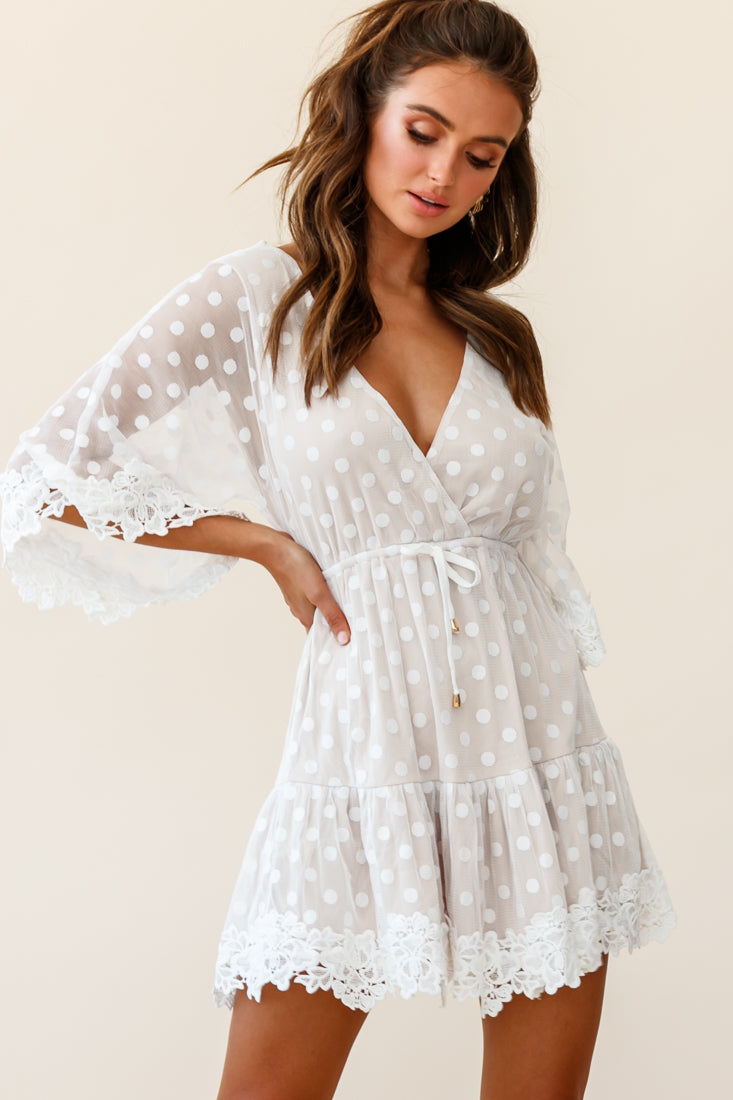 Dream On Flared Sleeve Lace Trim Polka Dot Mesh Dress White-Maymioy