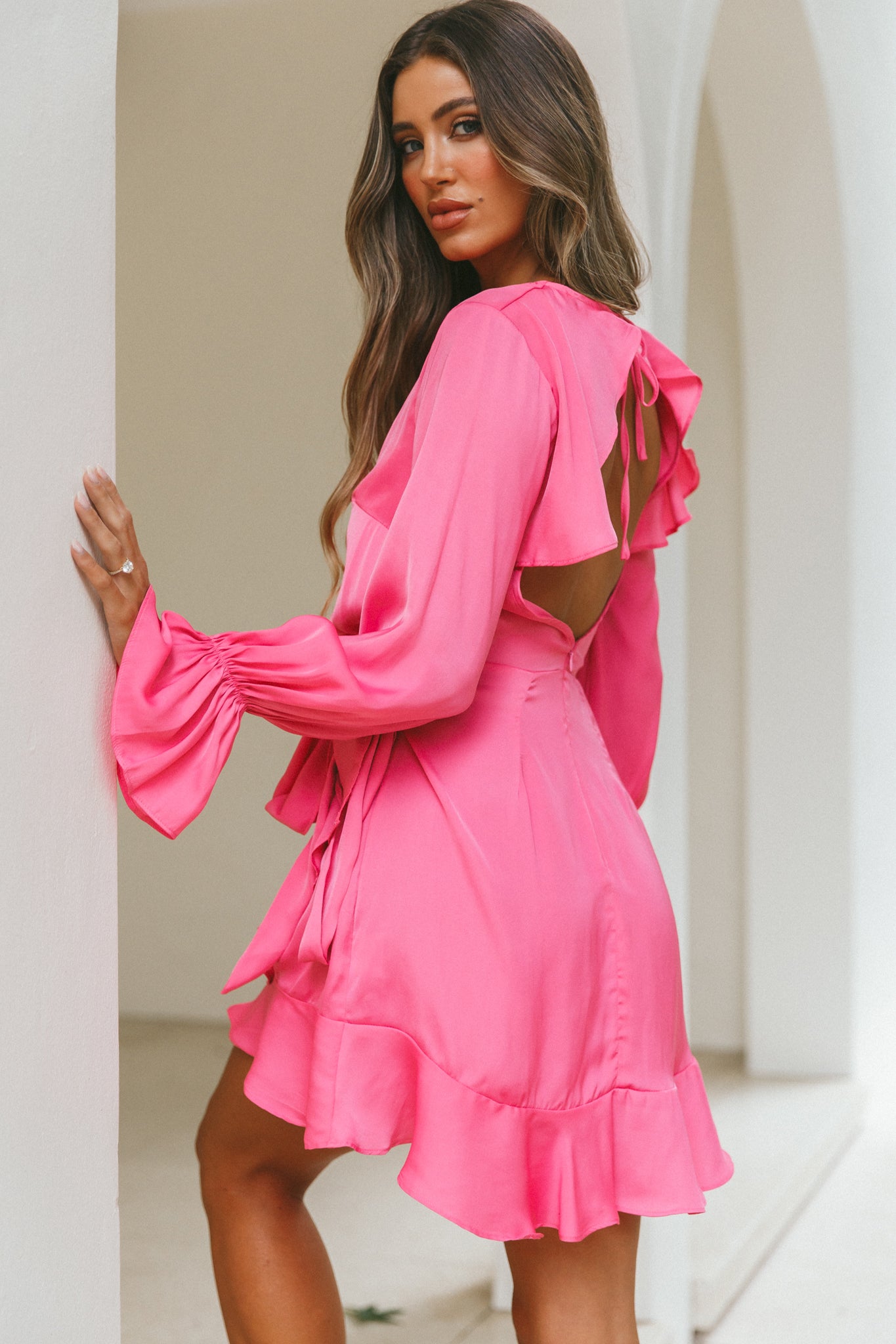 Darla Long Sleeve Satin Dress Hot Pink-Maymioy