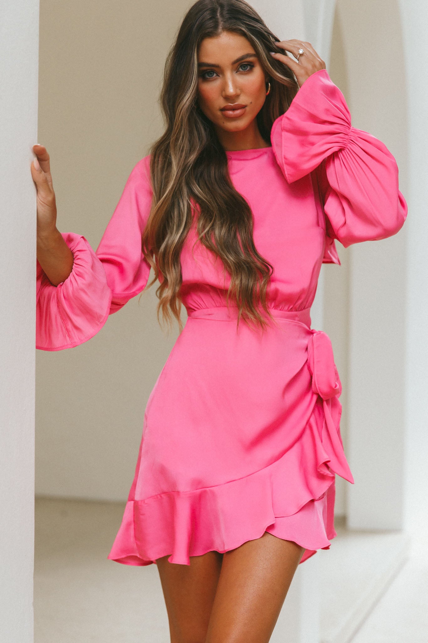 Darla Long Sleeve Satin Dress Hot Pink-Maymioy