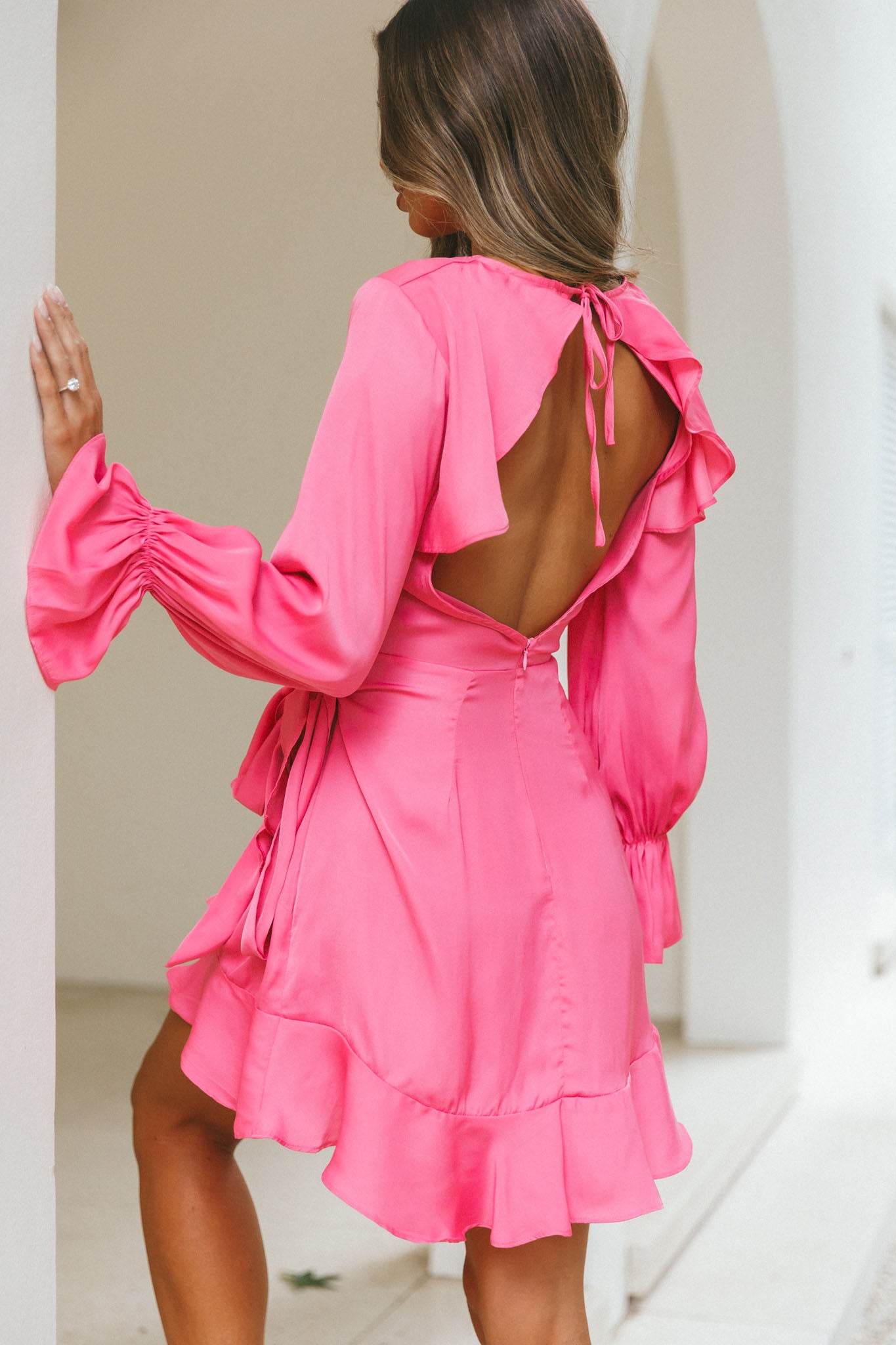 Darla Long Sleeve Satin Dress Hot Pink-Maymioy