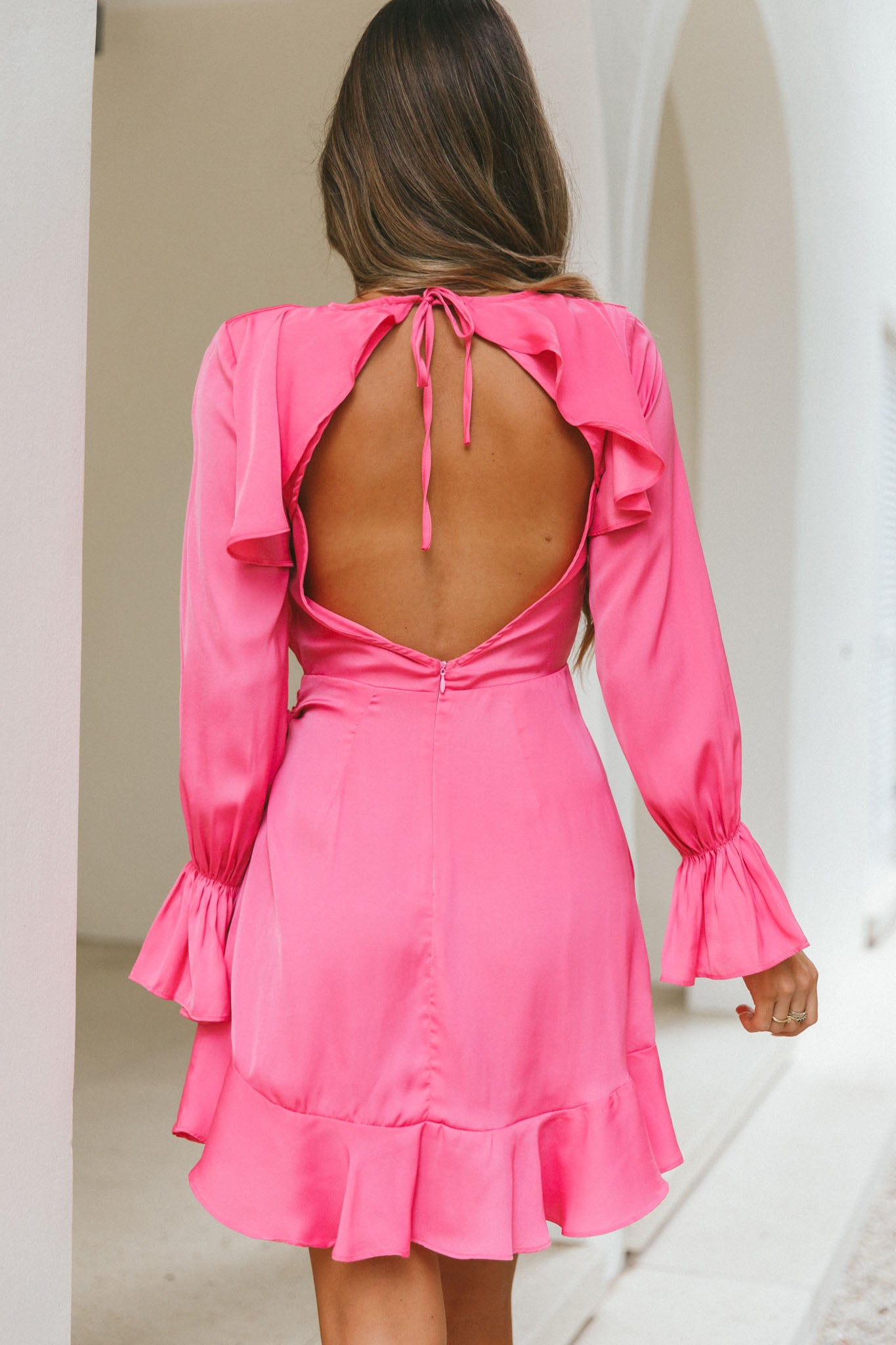 Darla Long Sleeve Satin Dress Hot Pink-Maymioy