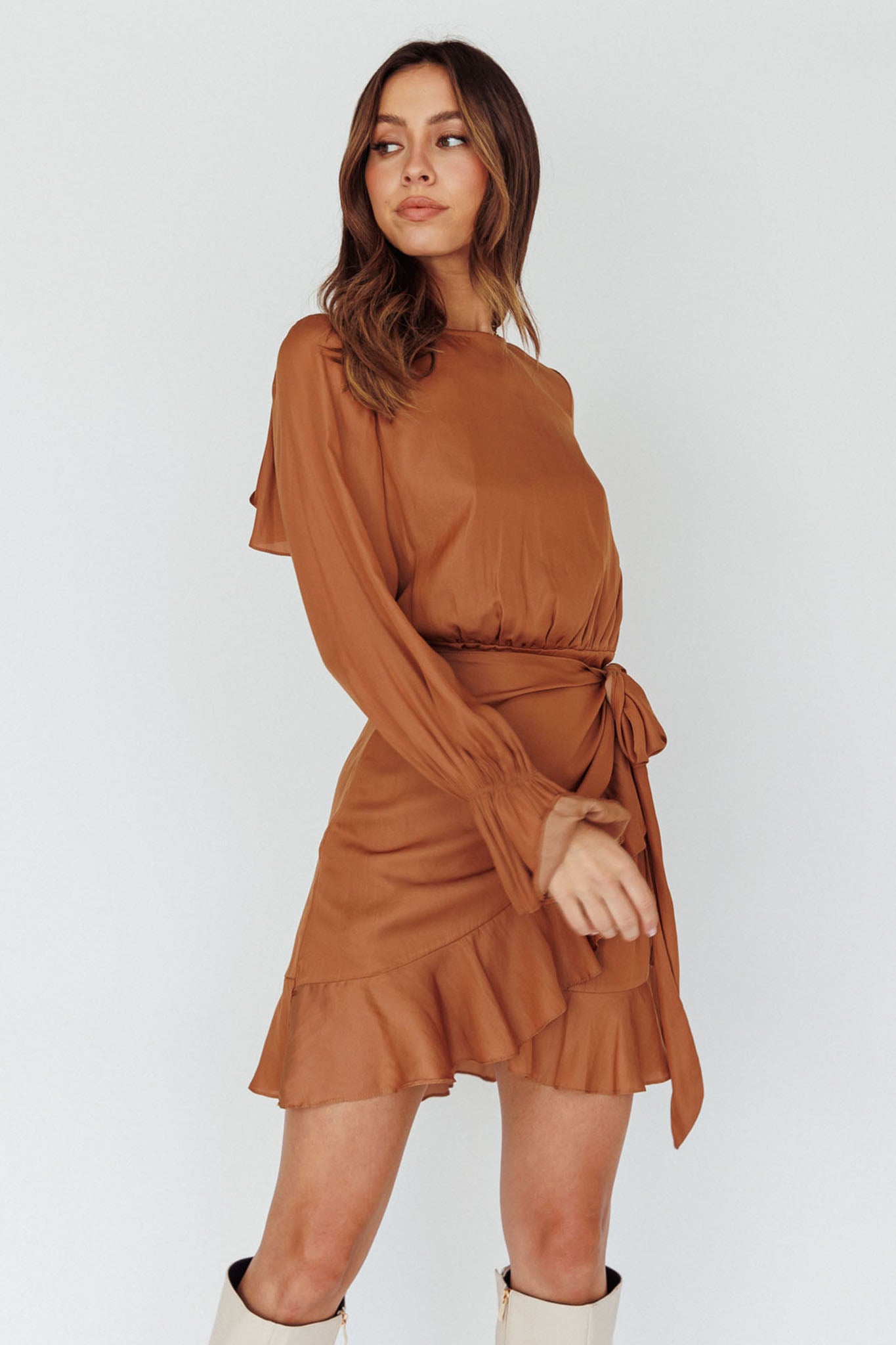 Darla Long Sleeve Satin Dress Tan-Maymioy