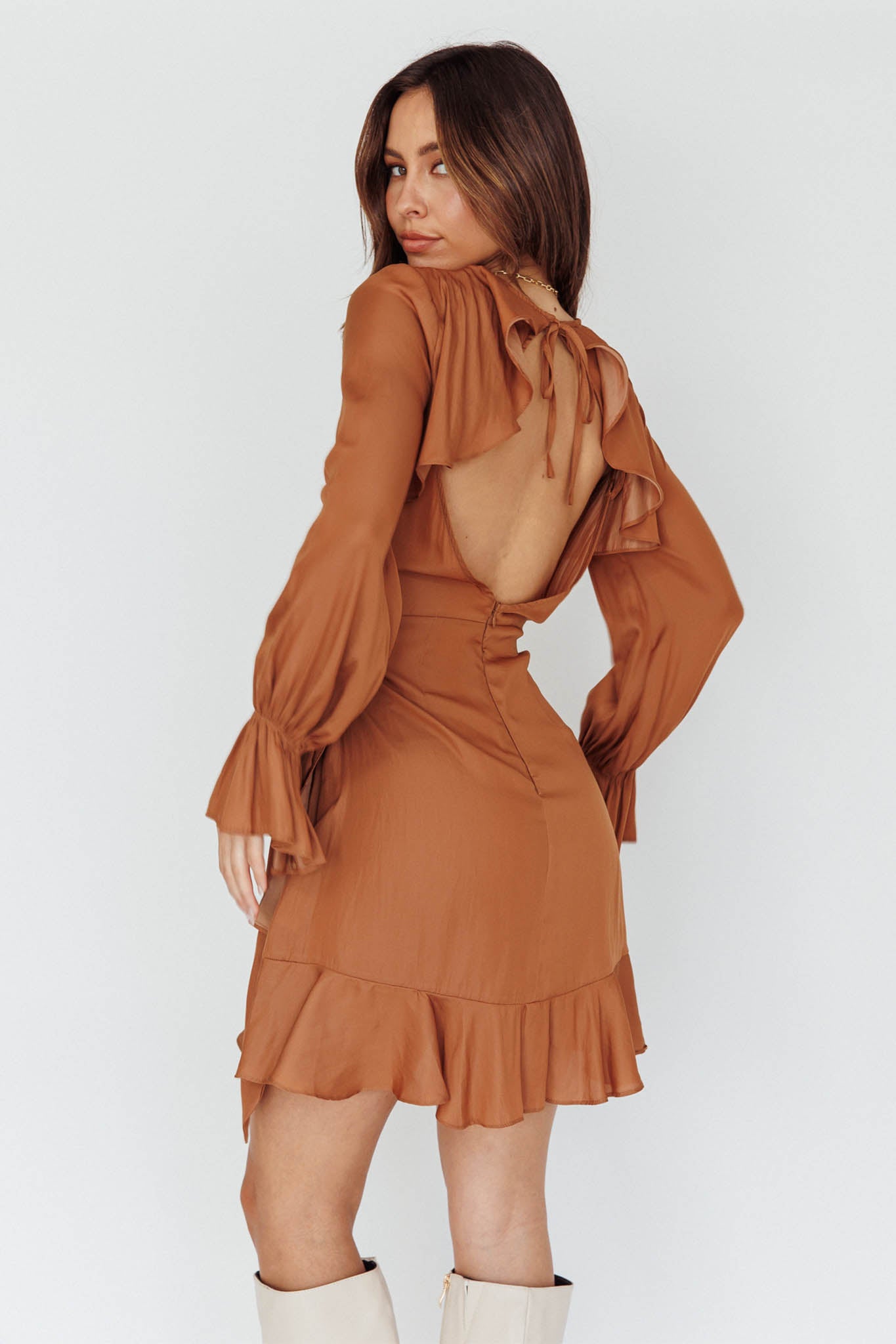 Darla Long Sleeve Satin Dress Tan-Maymioy