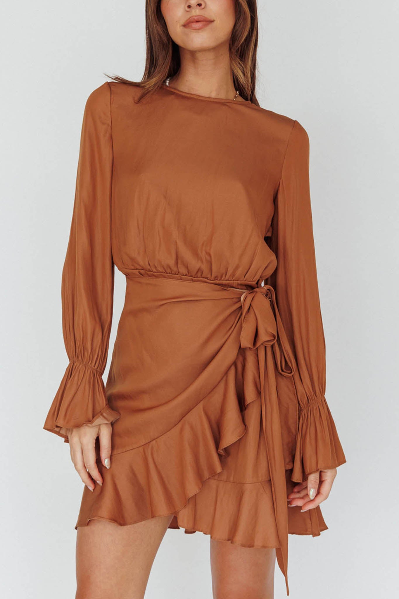 Darla Long Sleeve Satin Dress Tan-Maymioy