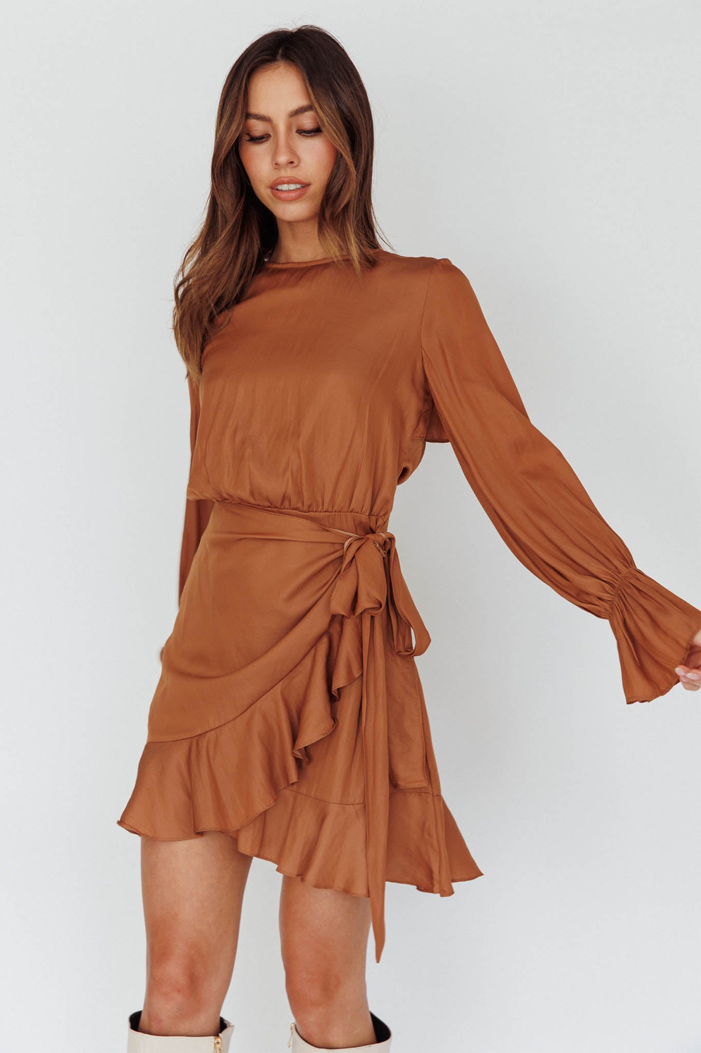 Darla Long Sleeve Satin Dress Tan-Maymioy