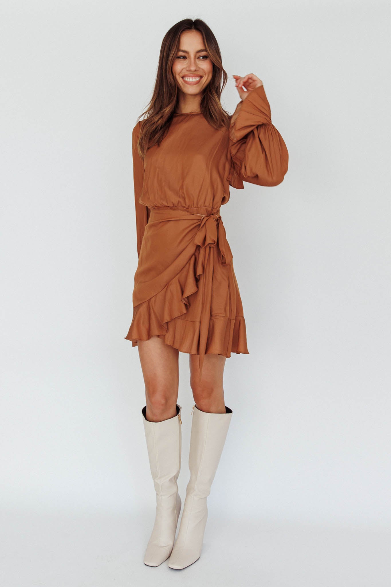 Darla Long Sleeve Satin Dress Tan-Maymioy