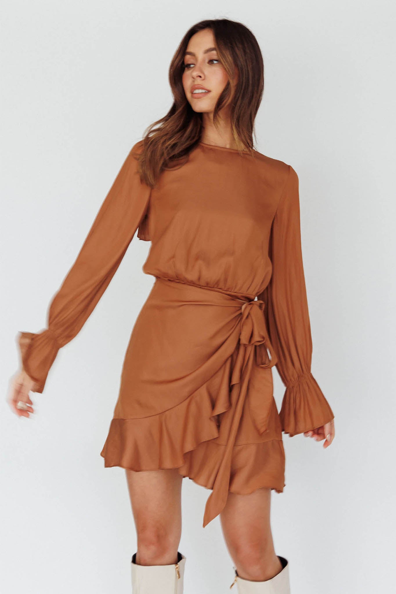 Darla Long Sleeve Satin Dress Tan-Maymioy