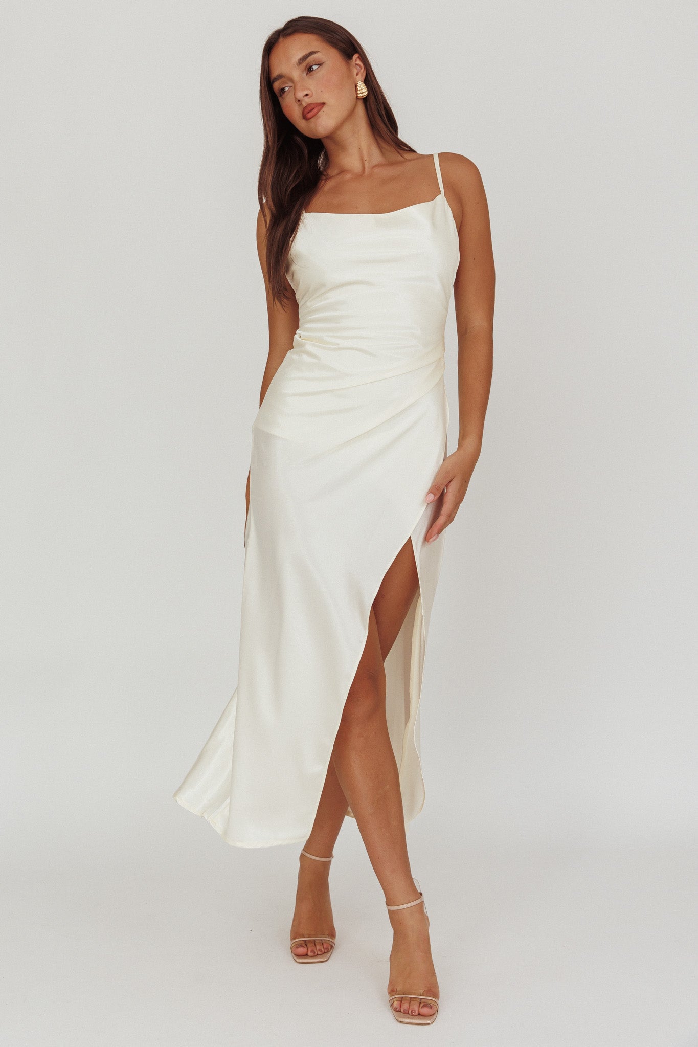 Hey Girl Long Satin Cowl Neck Dress Champagne-Maymioy