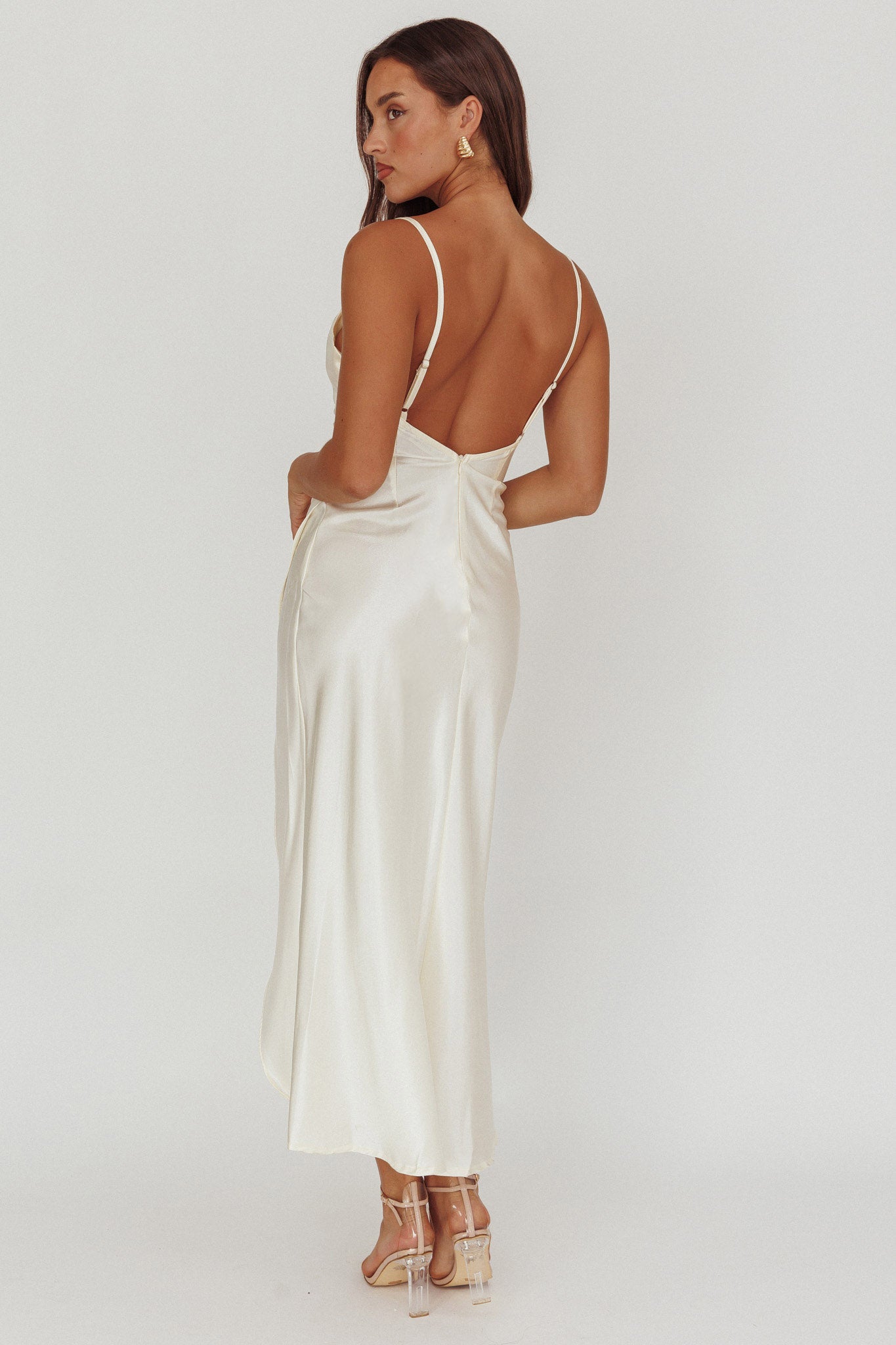 Hey Girl Long Satin Cowl Neck Dress Champagne-Maymioy