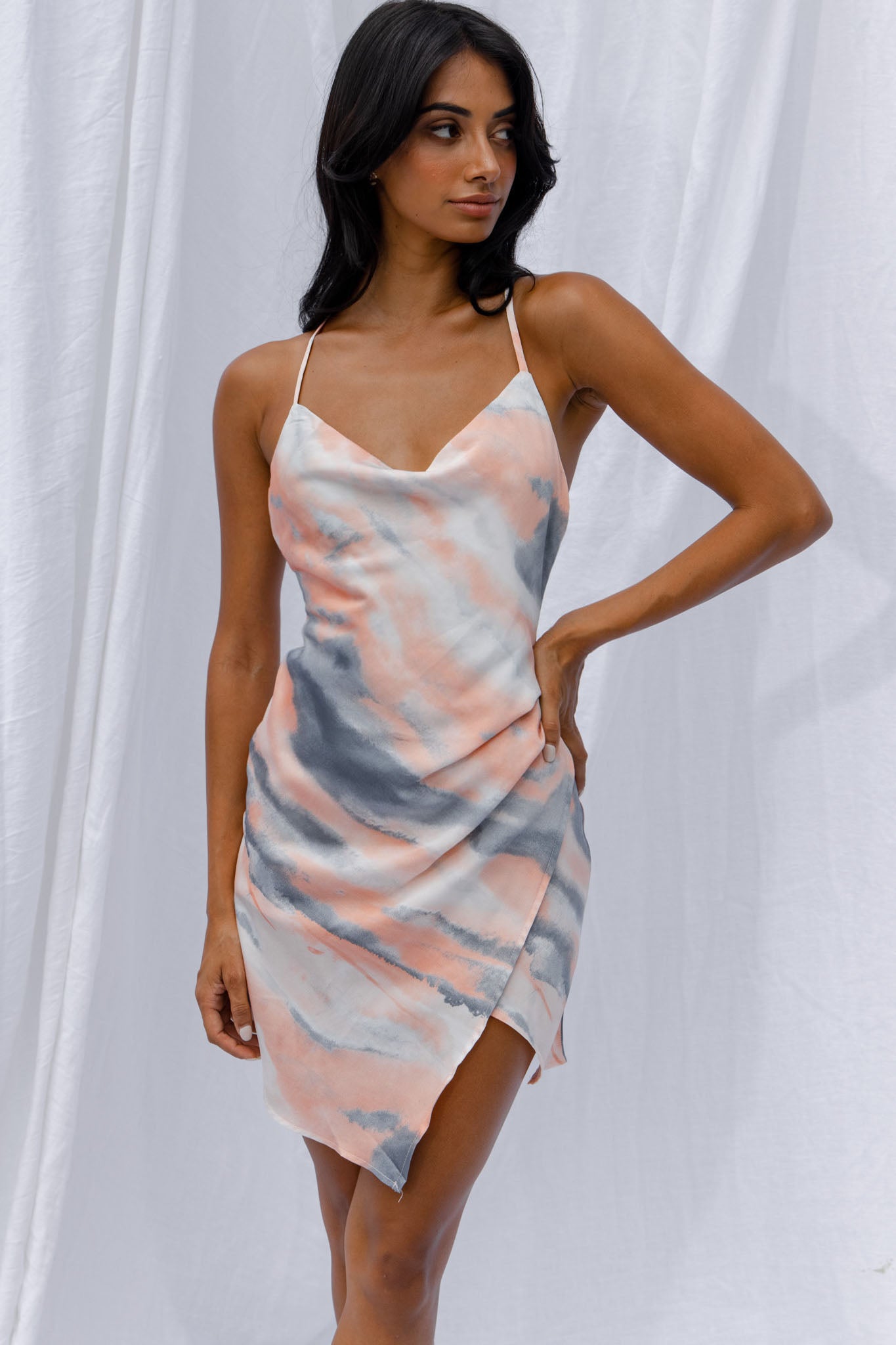 Hey Girl Cowl Neck Wrap Front Mini Dress Tie-Dye Print Multi-Maymioy