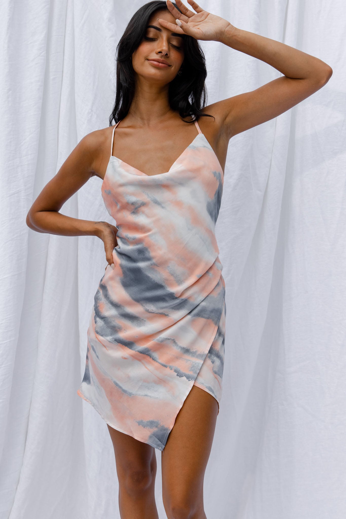 Hey Girl Cowl Neck Wrap Front Mini Dress Tie-Dye Print Multi-Maymioy