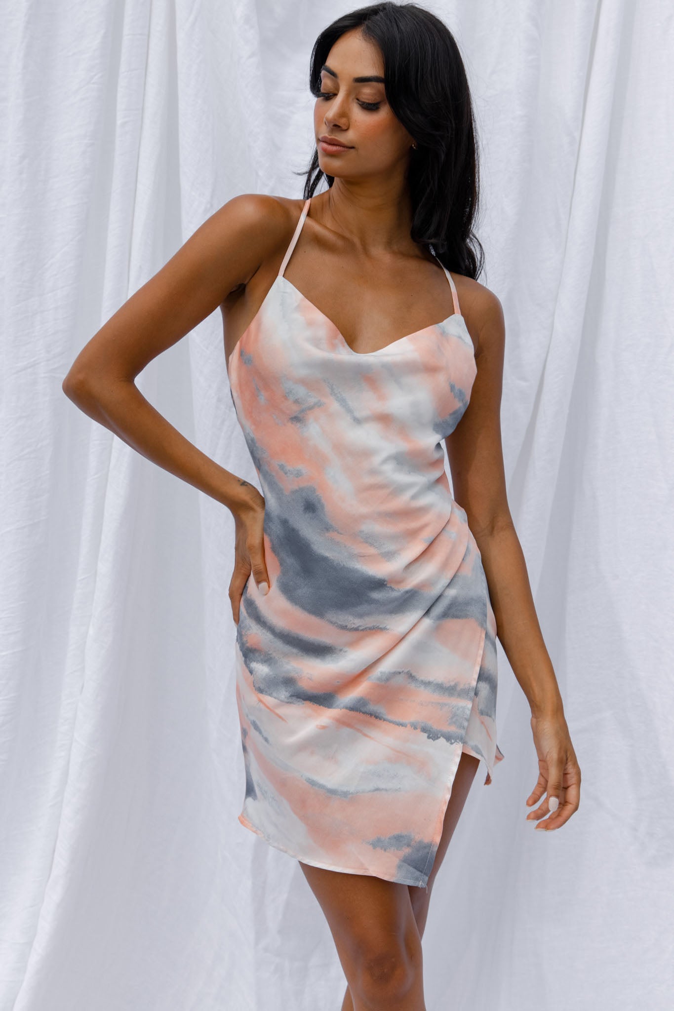 Hey Girl Cowl Neck Wrap Front Mini Dress Tie-Dye Print Multi-Maymioy