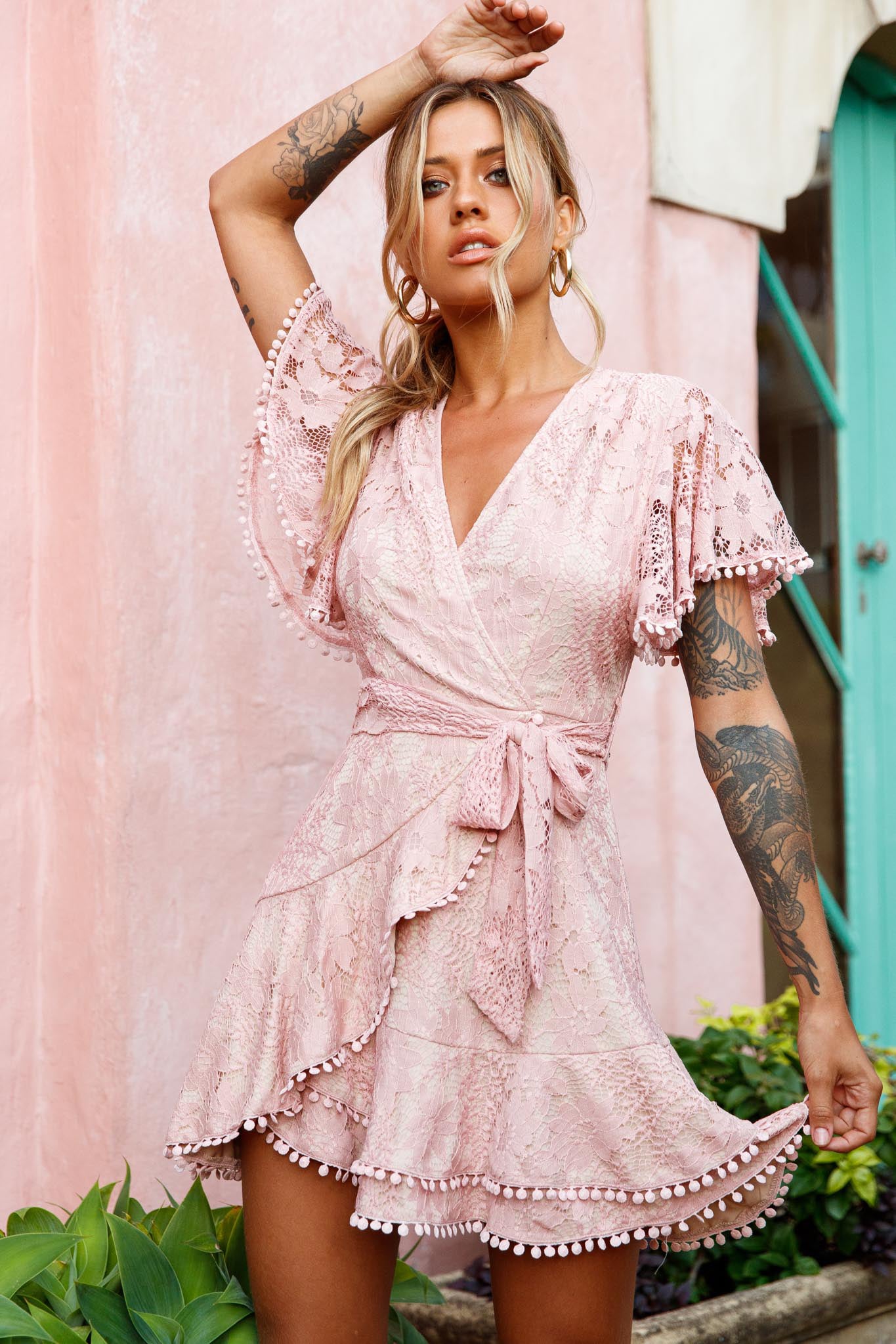Cami Angel Sleeve Faux Wrap Dress Lace Blush-Maymioy