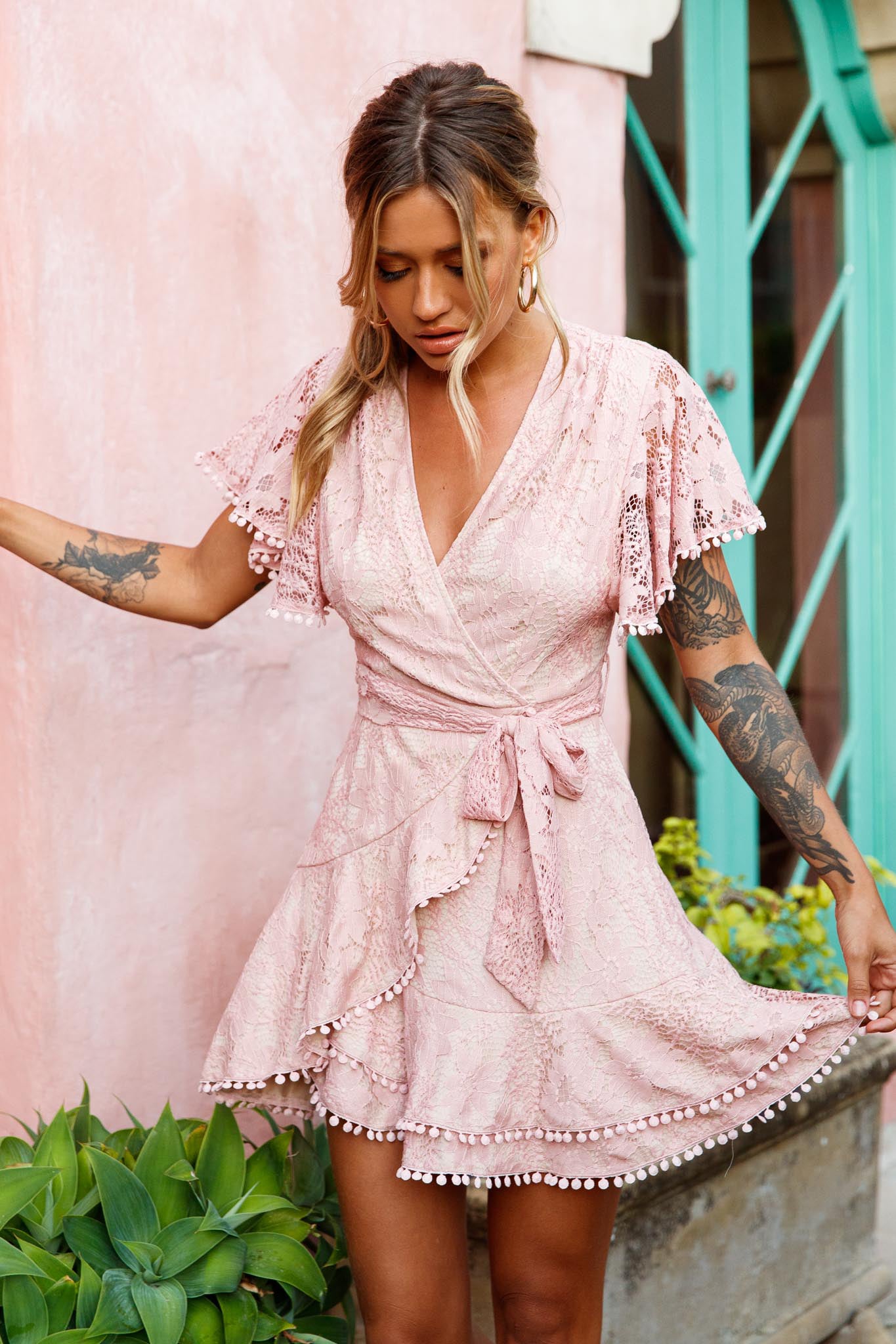 Cami Angel Sleeve Faux Wrap Dress Lace Blush-Maymioy