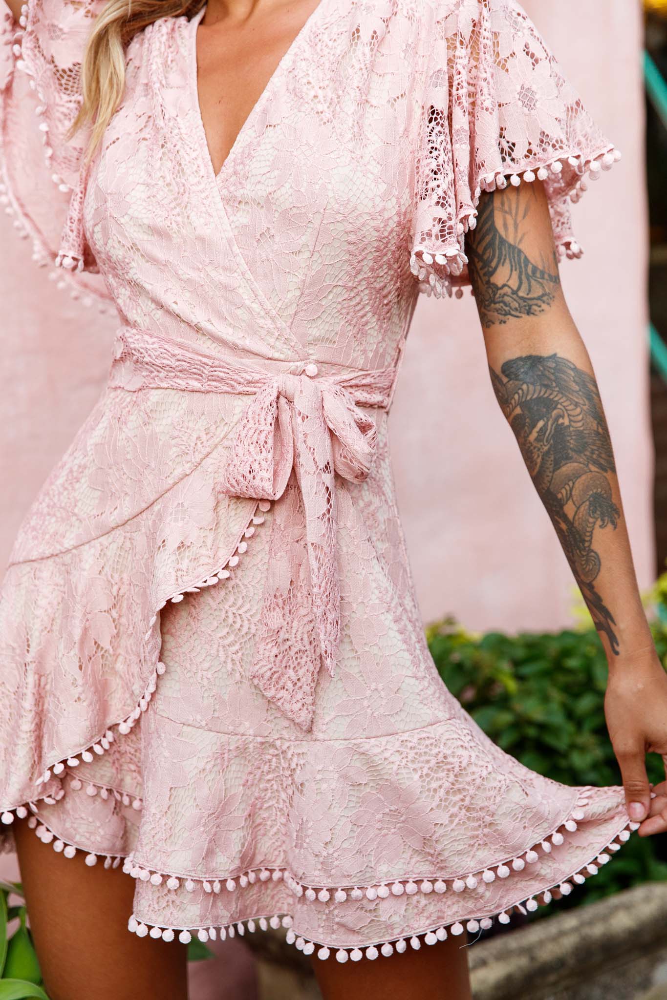 Cami Angel Sleeve Faux Wrap Dress Lace Blush-Maymioy