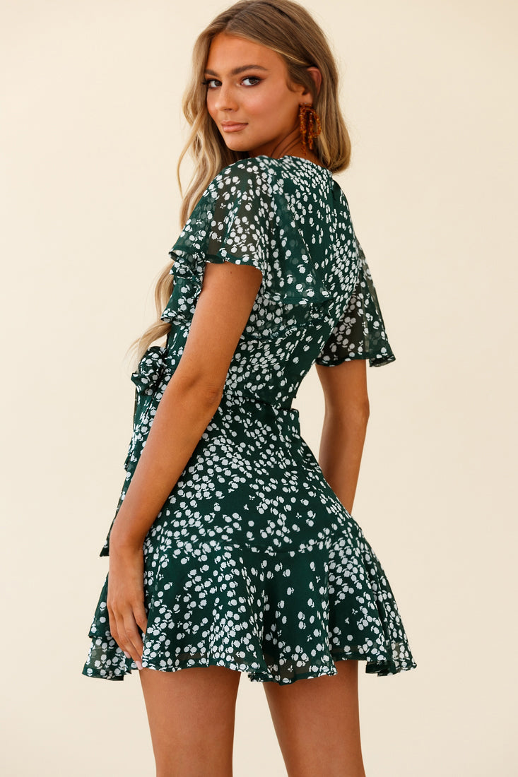 Cami Angel Sleeve Faux Wrap Dress Flower Print Forest Green-Maymioy