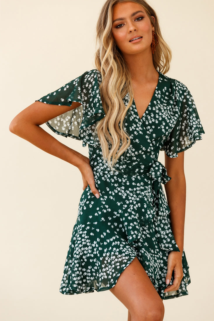 Cami Angel Sleeve Faux Wrap Dress Flower Print Forest Green-Maymioy