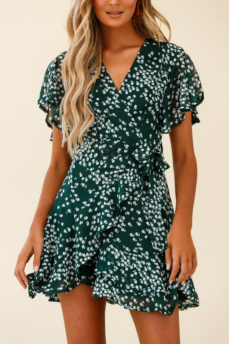 Cami Angel Sleeve Faux Wrap Dress Flower Print Forest Green-Maymioy