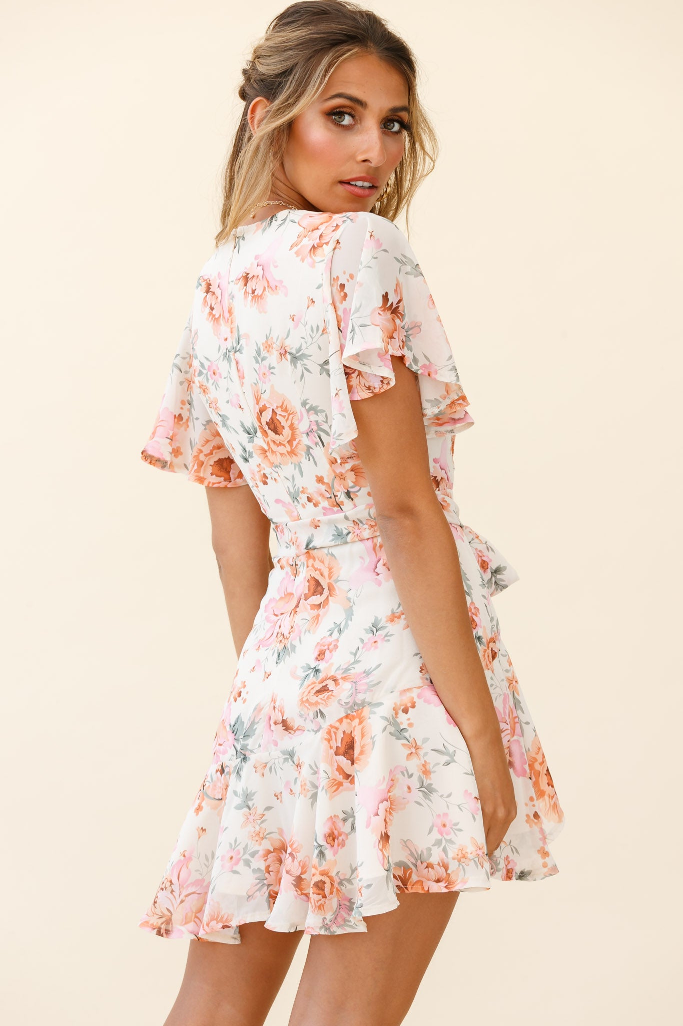 Cami Angel Sleeve Faux Wrap Dress Rose Print Pink-Maymioy