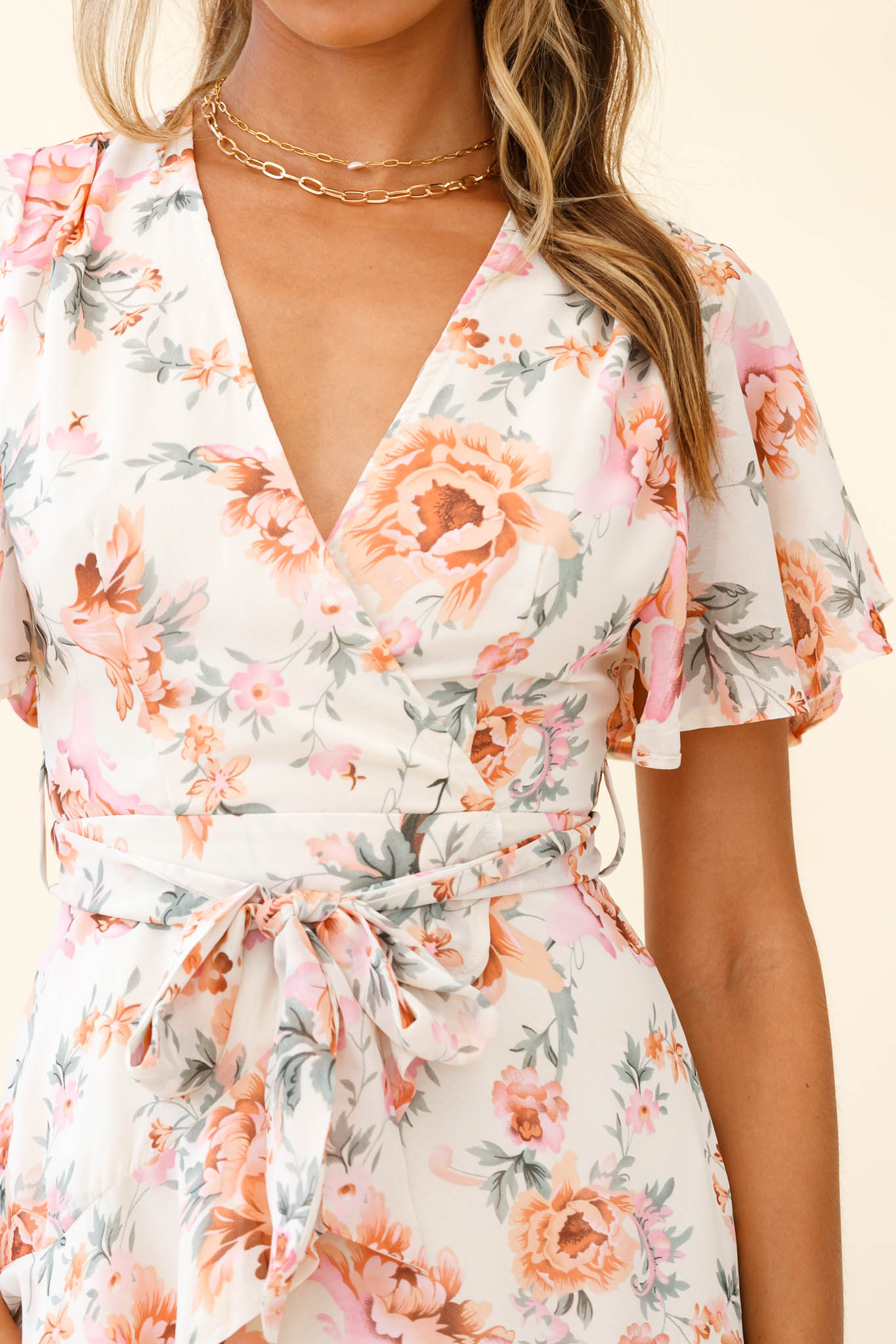 Cami Angel Sleeve Faux Wrap Dress Rose Print Pink-Maymioy