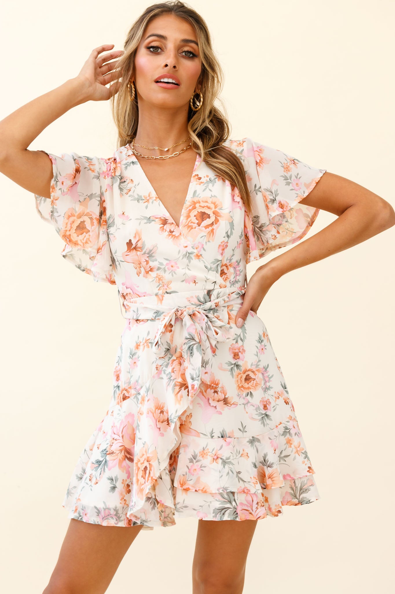 Cami Angel Sleeve Faux Wrap Dress Rose Print Pink-Maymioy