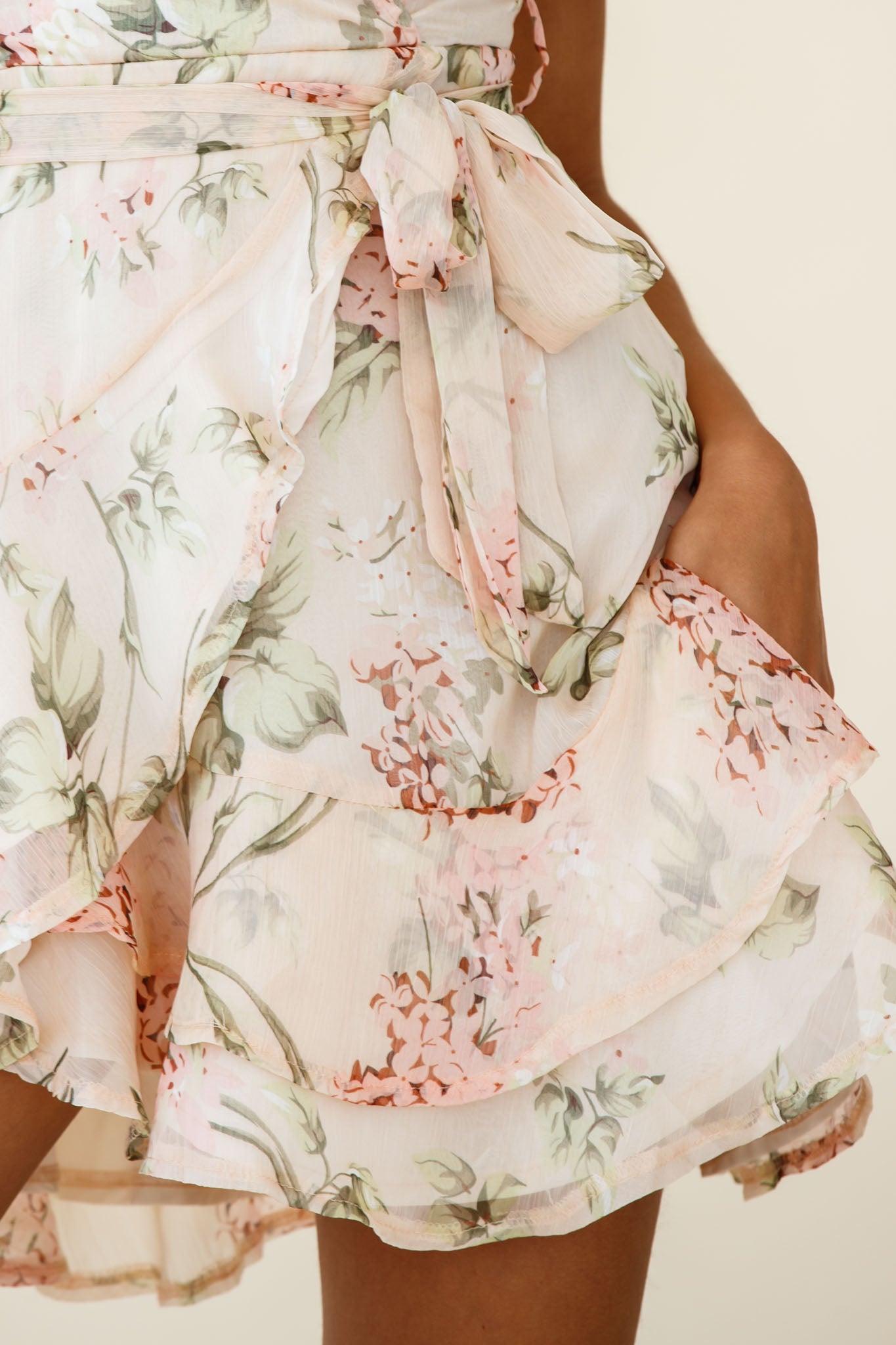 Cami Angel Sleeve Faux Wrap Dress Hydrangea Print Nude-Maymioy