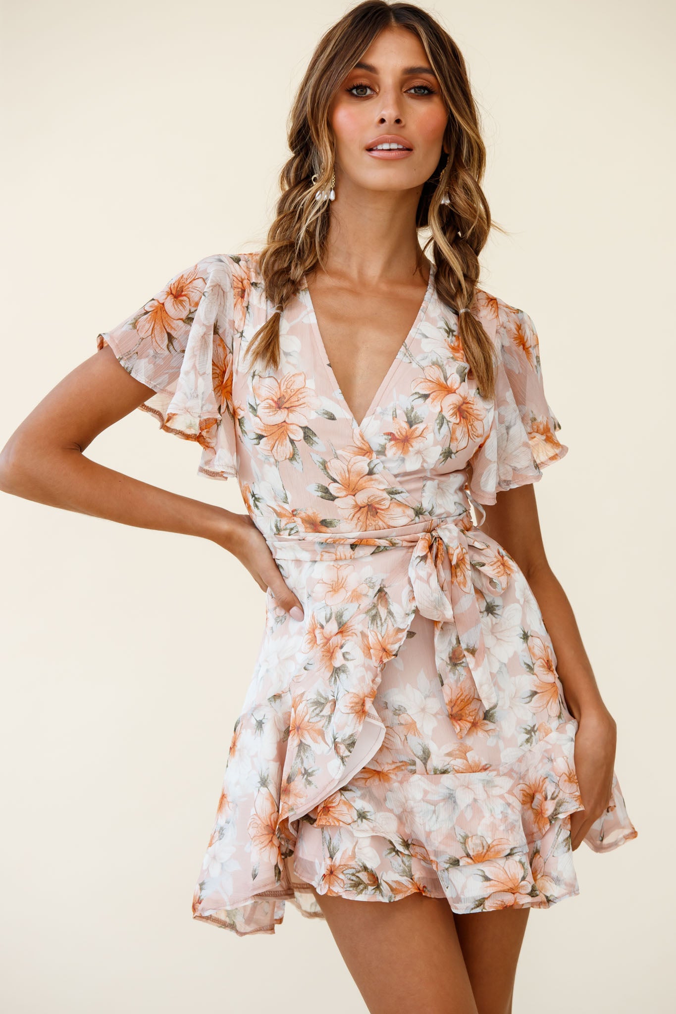 Cami Angel Sleeve Faux Wrap Dress Hibiscus Print Nude-Maymioy