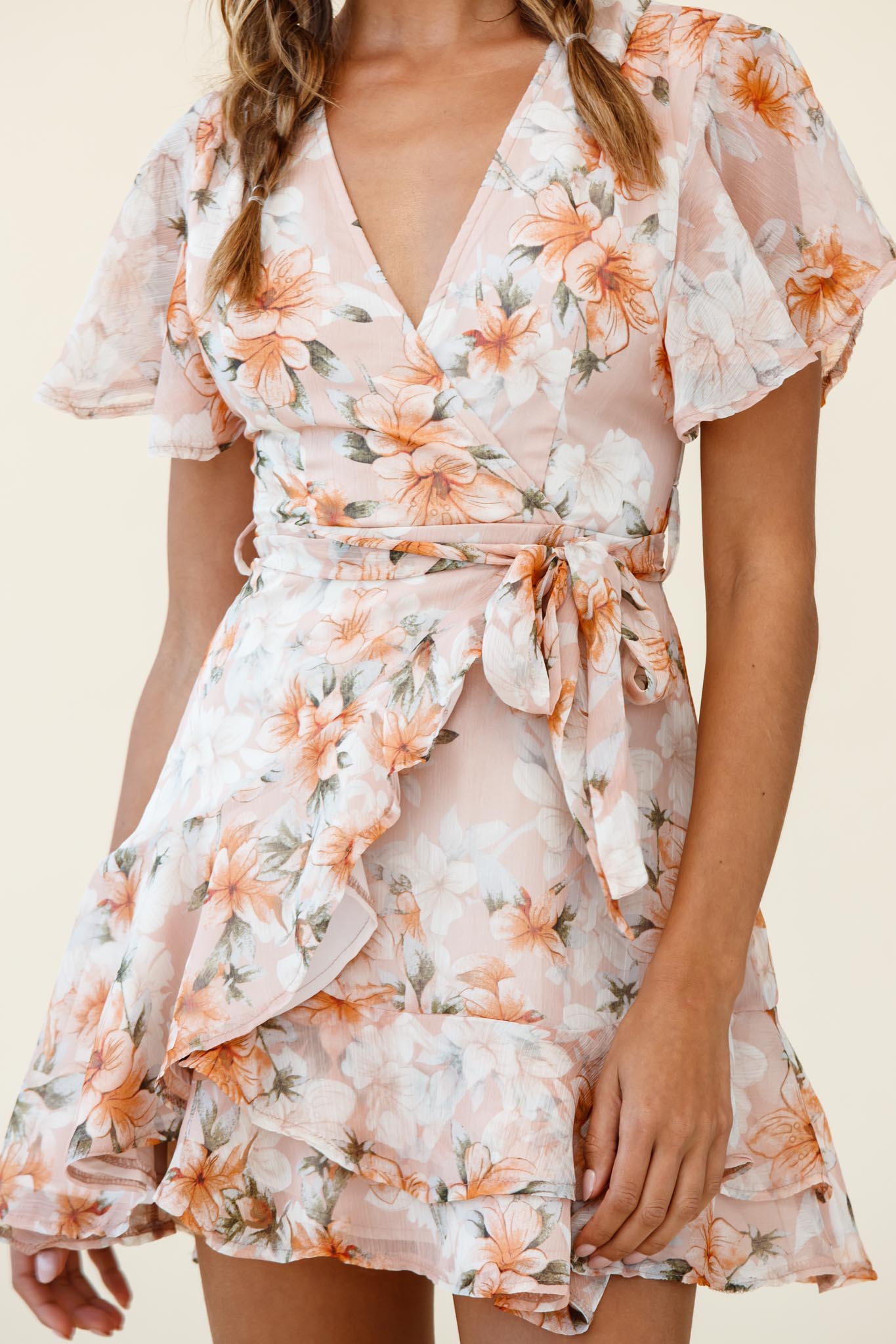 Cami Angel Sleeve Faux Wrap Dress Hibiscus Print Nude-Maymioy