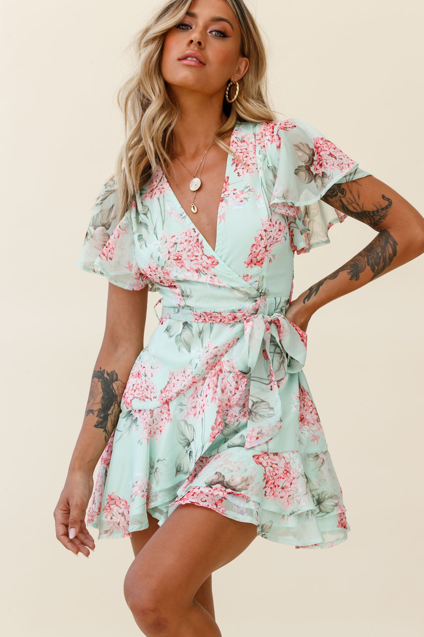 Cami Angel Sleeve Faux Wrap Dress Hydrangea Print Mint/Pink-Maymioy