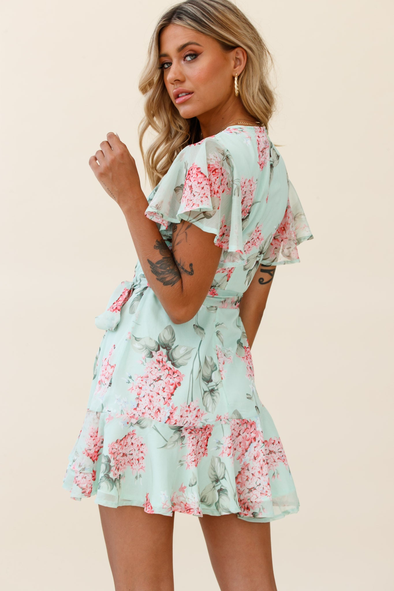 Cami Angel Sleeve Faux Wrap Dress Hydrangea Print Mint/Pink-Maymioy